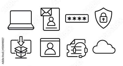 Technology and security outline icons set – linear, cybersecurity, digital tools