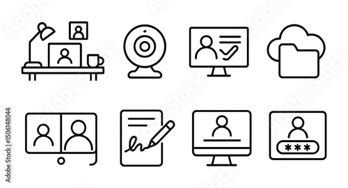 Remote work and communication outline icons set – linear, online collaboration symbols