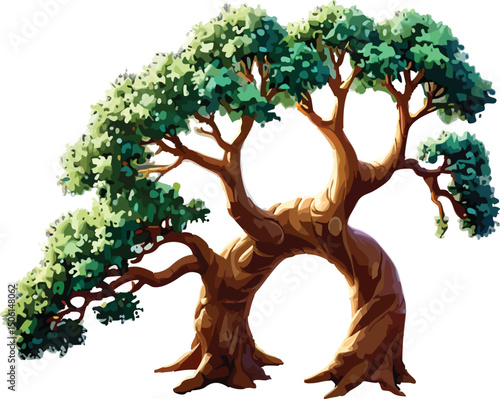 Whimsical Fantasy Oak Tree with Twisted Trunks and a Magical Hollow Portal
 (vector illustration of a green tree)
