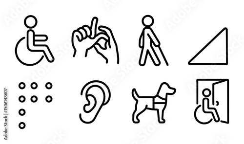 Accessibility and disability outline icons set – inclusive, support, assistive symbols