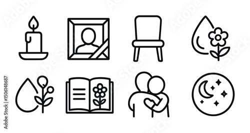 Memorial and sympathy outline icons set – floral, remembrance, condolence symbols