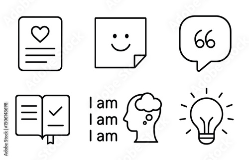 Self-reflection and positivity line icons set – linear, outline, inspiration symbols