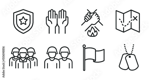 Military and defense outline icons set – silhouette, war, armed forces symbols