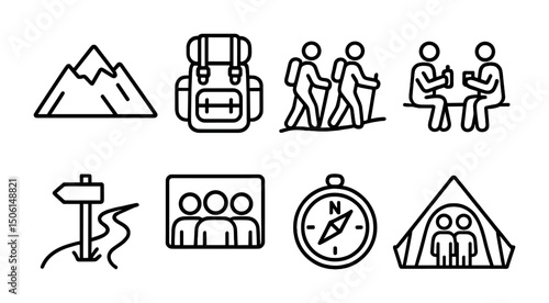 Adventure outline icons set – camping, travel, hiking and exploration symbols