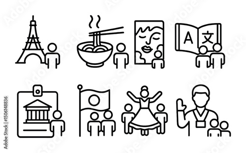 Travel and culture outline icons set – linear, flat, global tourism and cultural symbols