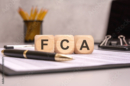 FCA letters on wooden blocks in office workspace