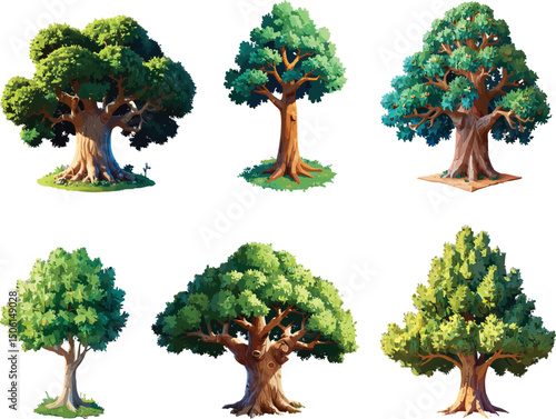 Set of Stylized Fantasy Trees in Isometric View with Lush Foliage and Unique Trunks 
