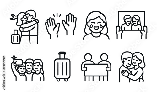 Family and friends outline icons set - flat, vector, social connection symbols