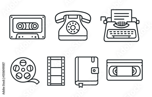 Retro technology line icons set – linear, outline, vintage and classic tech symbols