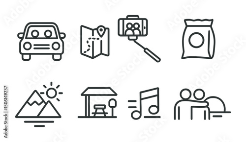 Travel and outdoor line icons set – flat, outline, adventure and leisure symbols