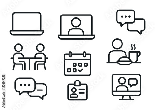 Communication and work outline icons set – linear, office, digital interaction graphics