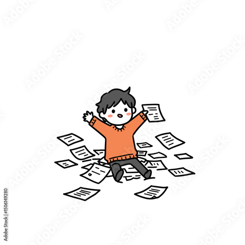 Person happily drowning in paper with scattered documents 