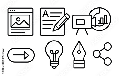 Creative content outline icons set – linear, design tools and multimedia symbols