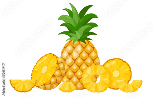 Fresh tropical pineapples, parts and pieces. Organic Pineapple fruit for juice, smoothie or vitamin healthy food and dessert. Vector icon illustration isolated on white background.