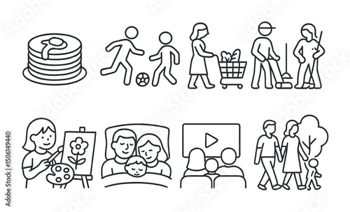 Family activity outline icons set – linear, line, lifestyle and fun symbols