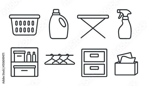 Laundry and cleaning line icons set – simple, outline, household cleaning symbols