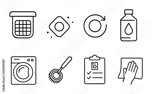 Household chores outline icons set – flat, cleaning, home organization tools