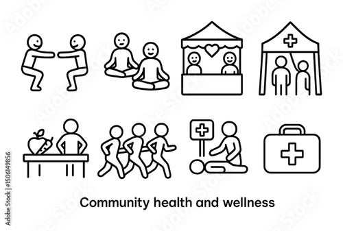 Community health and wellness icons set – outline, linear, medical symbols