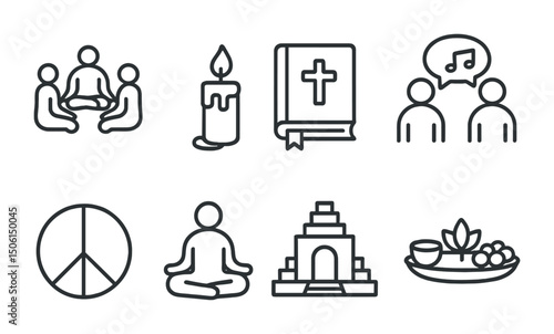Spiritual and meditation icons set – outline, linear, contemplative symbols