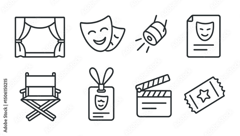 Fototapeta premium Theater and drama line icons set – silhouette, solid, performance and show symbols