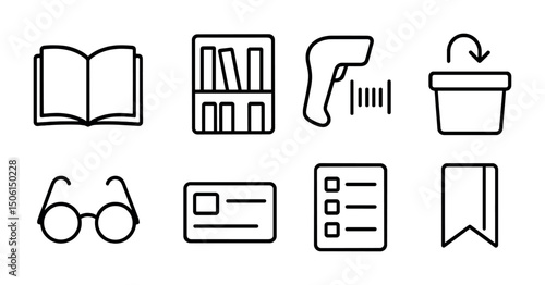Library and reading outline icons set – books, shelves, literature symbols