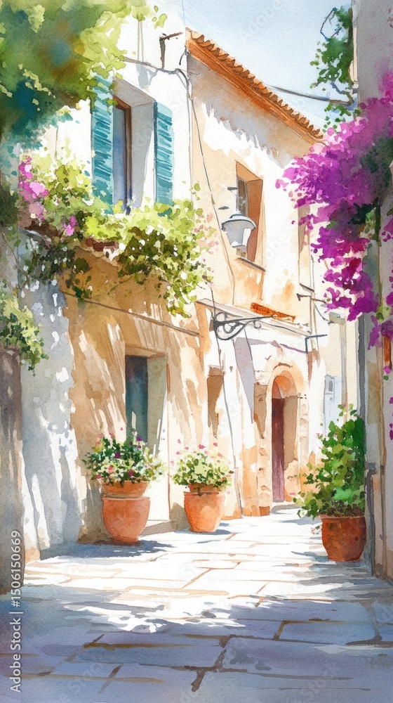Fototapeta premium Village sketch: street European charm, scenic composition, architectural detail, artistic vision, watercolor touch, rustic scenery, cobblestone road, delicate hues, timeless portrayal.