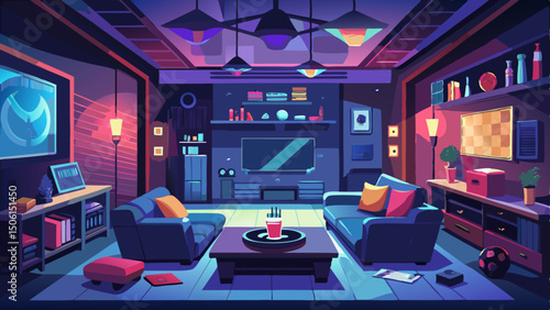 moody home theater interior, dark masculine color palette, modern cozy mancave vibe, sports-inspired details, sectional sofa with low lighting, dry bar with backlit .