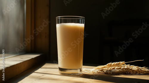 A tall glass of creamy oat milk infused with the tropical flavor of oat on a wooden background 
