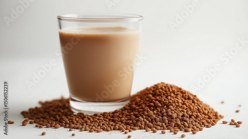 A tall glass of creamy teff milk infused with the tropical flavor of  teff isolated on gray background
