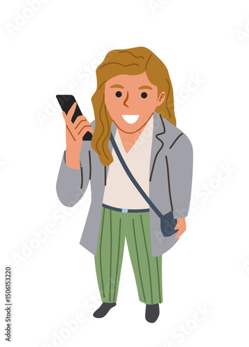 Cheerful woman holding smartphone and smiling, flat cartoon style, isolated on white background. Concept of communication and modern lifestyle. Vector illustration