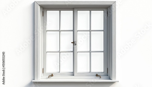 White open window isolated on transparent background. Classic wooden window frame design. Front view  full shot  inside  room. Contemporary interior style. Modern style. For interior design  real