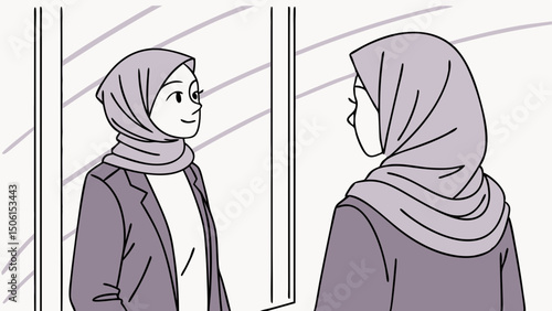 Muslim woman looking in mirror while adjusting hijab in front of glass  