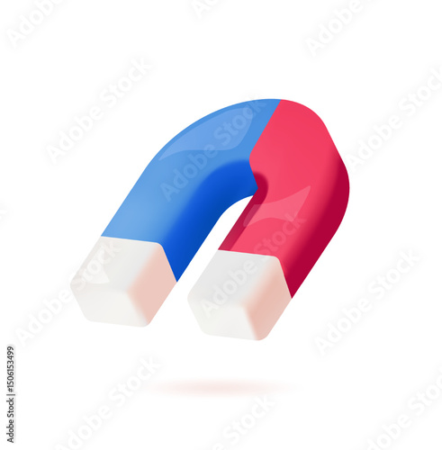 U-shaped magnet with red and blue poles shown in a modern glossy graphic style on a white background. Concept of magnetism and physics. Soft 3d vector illustration