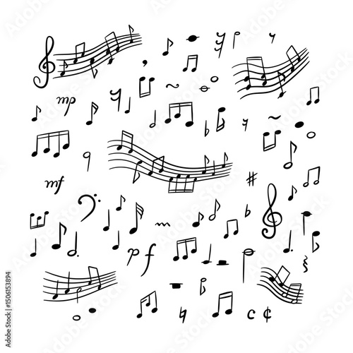Hand drawn cute line doodle music notes and signs set. Crayon scribble background. Handwriting sketch vector illustration. Melody sound symbols. Whimsical chalk childish pattern