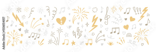 Set of line hand drawn doodle girly music design elements. Star, heart, bling, twinkle, spark rayon scribbles. Merry Christmas and Happy New Year, Music festival, concert gold and silver background
