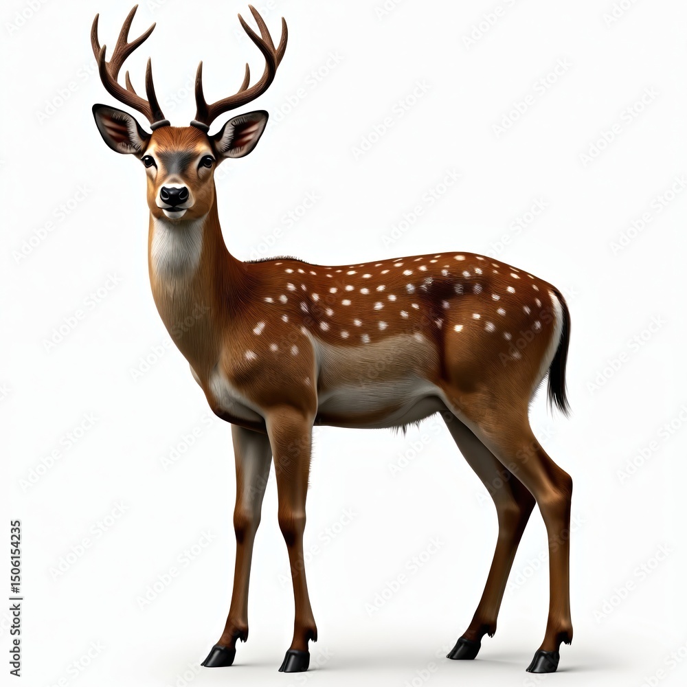 Obraz premium Majestic deer stands isolated on white background. Portrait shows beauty of wild fauna. Spotted coat, elegant antlers. Perfect for wildlife, nature, animal, eco projects, graphic design educational
