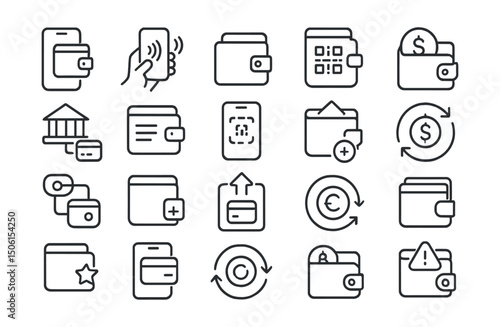 Line style icons of digital wallets: phone wallet, NFC pay, wallet app, balance icon, bank link, transaction log, payment scan, passcode screen
