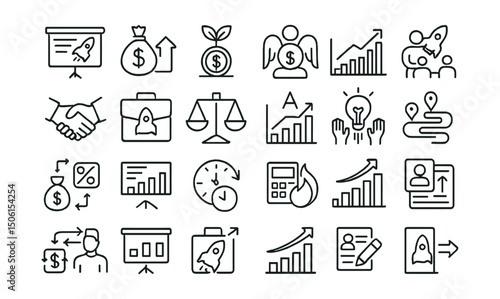 Line style icons of startup funding: pitch deck, venture capital, seed round, angel investor, equity share, fundraising icon, startup graph