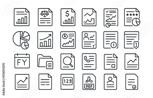 Line style icons of financial reporting: annual report, balance sheet, income statement, cash flow chart, financial highlights, report summary, revenue breakdown, profit graph, KPI dashboard