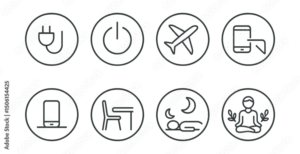 Line style icons of digital minimalism: unplug symbol, power off button, airplane mode icon, screen-free hour, device on shelf, no device at table icon, rest without tech, digital breath symbol Line style icons of digital minimalism: unplug symbol, power off button, airplane mode icon, screen-free hour, device on shelf, no device at table icon, rest without tech, digital breath symbol