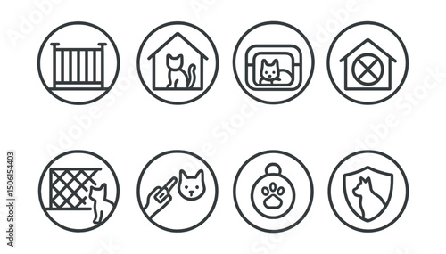 Line style icons of pets at home: pet safety gate, home pet zone icon, no access symbol, cozy crate icon, safe balcony net, temperature check for pet, ID tag symbol, escape prevention badge