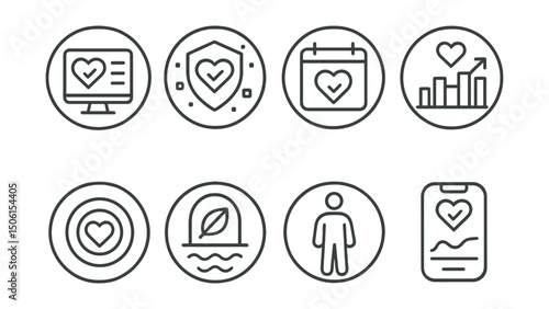 Line style icons of healthy lifestyle: health dashboard icon, metrics panel badge, weekly health review, lifestyle insights chart, trend over time icon, overview ring, behavior reflection symbo