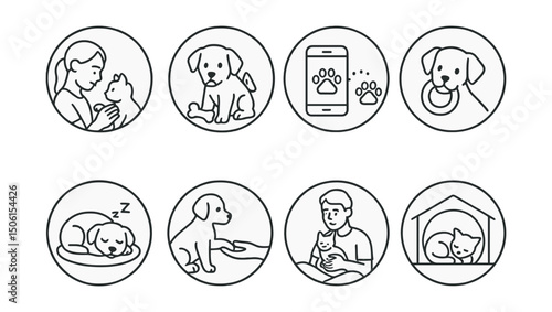 Line style icons of pets at home: young pet care icon, puppy chew warning, baby animal tracker, teething relief toy, nap schedule icon, early training circle, bonding with baby pet, baby-safe space