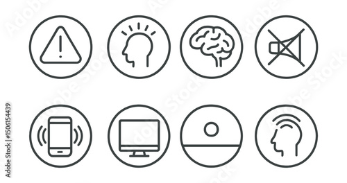 Line style icons of digital minimalism: attention icon, mental clarity badge, focused brain line, no buzz zone, inner stillness and screen, open space for mind, clear signal icon, awareness over alert