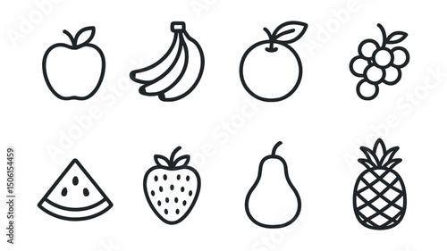 Line style icons of food and drink: apple icon, banana bunch, orange with leaf, grapes on vine, watermelon slice, strawberry icon, pear shape, pineapple outline.