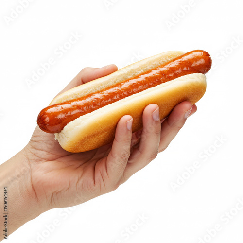 Hand holding hotdog isolated on white background