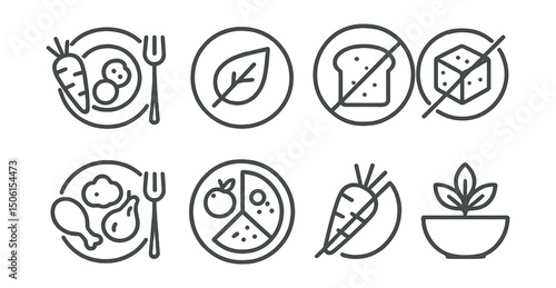 Line style icons of food and drink: vegetarian plate icon, vegan leaf dish, gluten-free bread icon, low sugar symbol, high protein meal icon, balanced diet plate, low-carb icon, plant-based bowl.