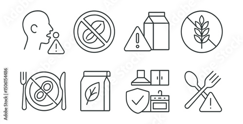 Line style icons of food and drink: food allergy icon, nut-free badge, dairy alert symbol, gluten warning icon, soy-free meal, ingredient label icon, allergy-safe kitchen, cross-contamination alert.