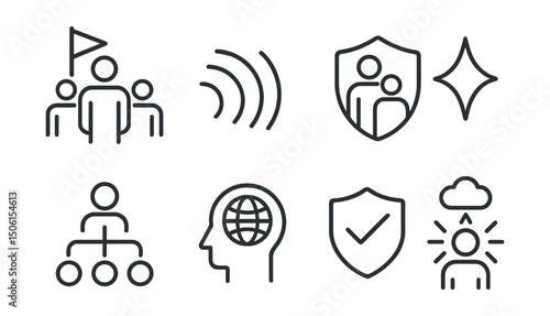Line style icons of future skills: leadership icon, influence wave symbol, mentoring badge, initiative spark, decision-making tree, impact mindset icon, responsibility badge