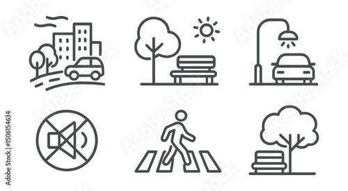 Line style icons of caring cities: urban calm zone, quiet park icon, soft lighting street, traffic calming badge, noise-free sign, reflective crosswalk icon, safe corner with tree